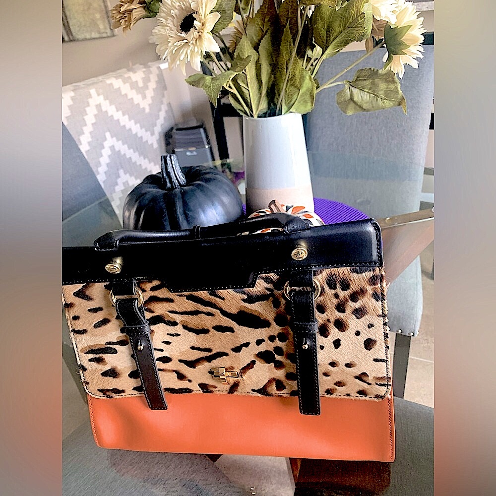 iacucci, Genuine Italian Leather Satchel/ Purse with leopard print calf hair.